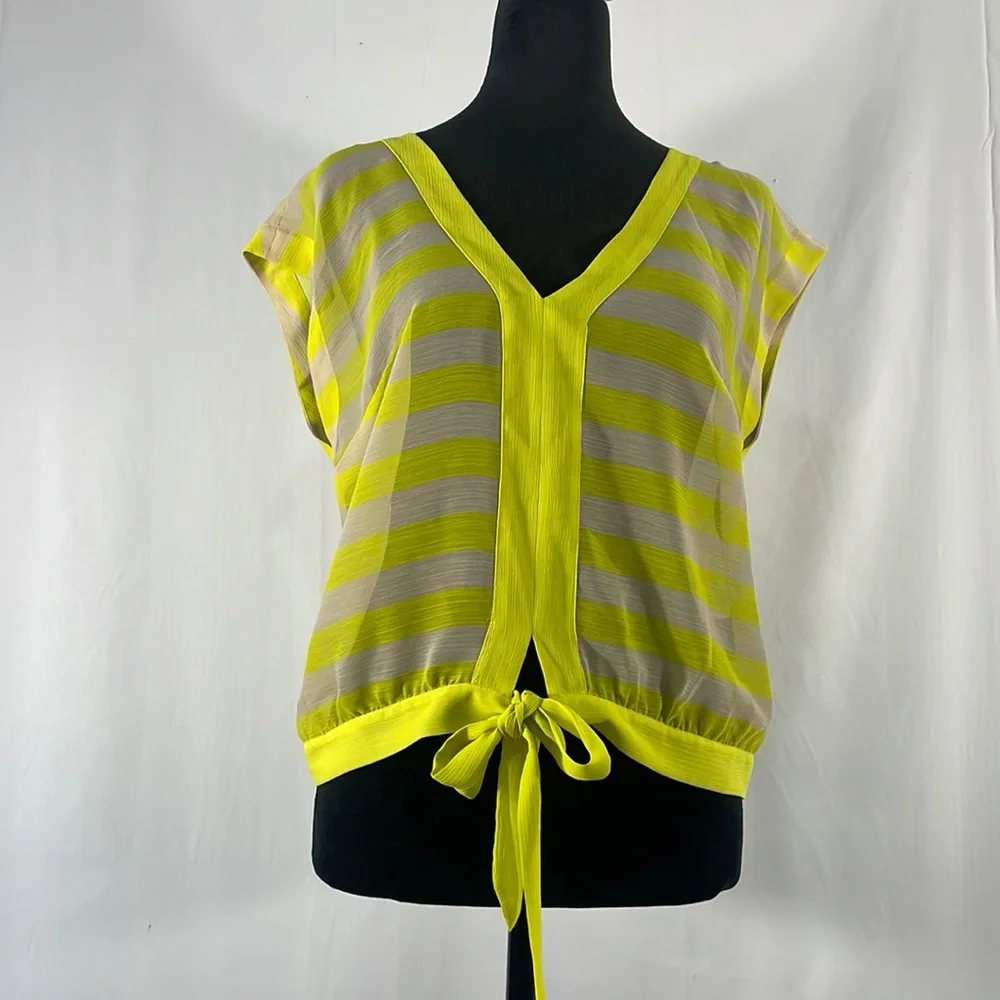 Bebe Neon Yellow & cream, V neck, tie waist band, Sheer, small - Picture 1 of 9